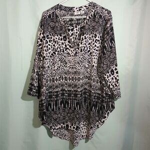 Cato Black & White Animal Print Tunic Top – 3/4 Sleeve Boho Hi-Low Blouse